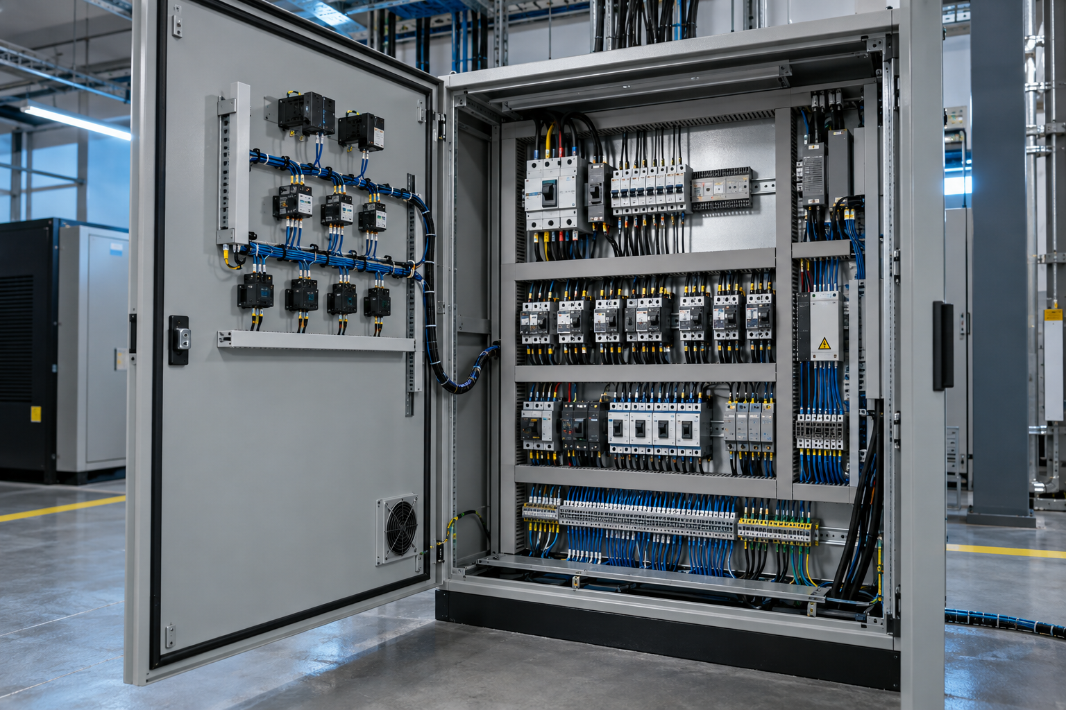 Quadro de comando elétrico com disjuntores, contatores e cabeamento organizado