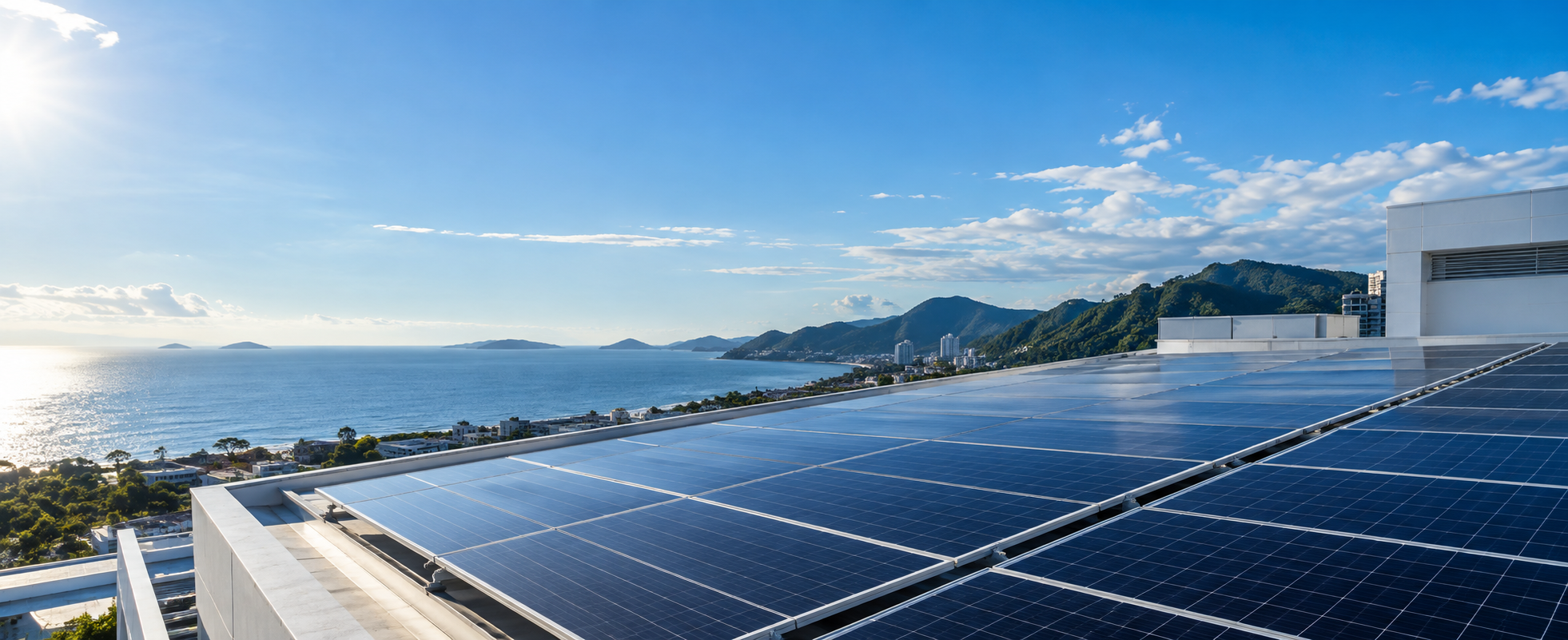 Sistema de energia solar instalado em cobertura comercial no litoral
