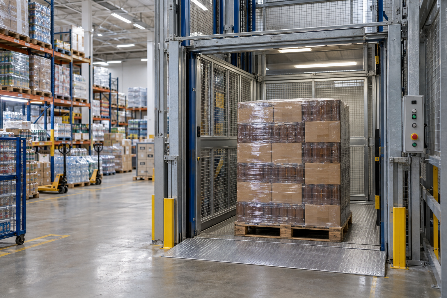 Elevador de carga em estoque de supermercado transportando palete de caixas de cerveja